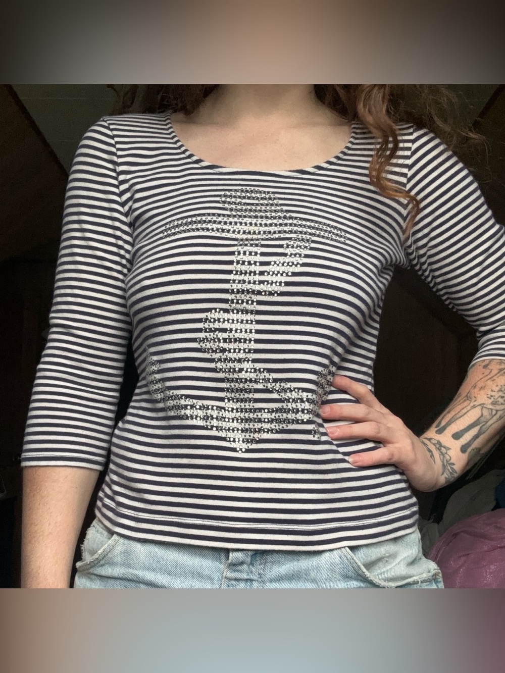 Chico’s Bedazzled Anchor Navy White Striped Sailor Aesthetic 3/4 Sleeve Shirt